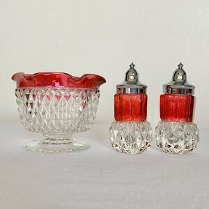 Indiana Glass Diamond Point Ruby Red Flashed Bowl and Salt & Pepper Shakers